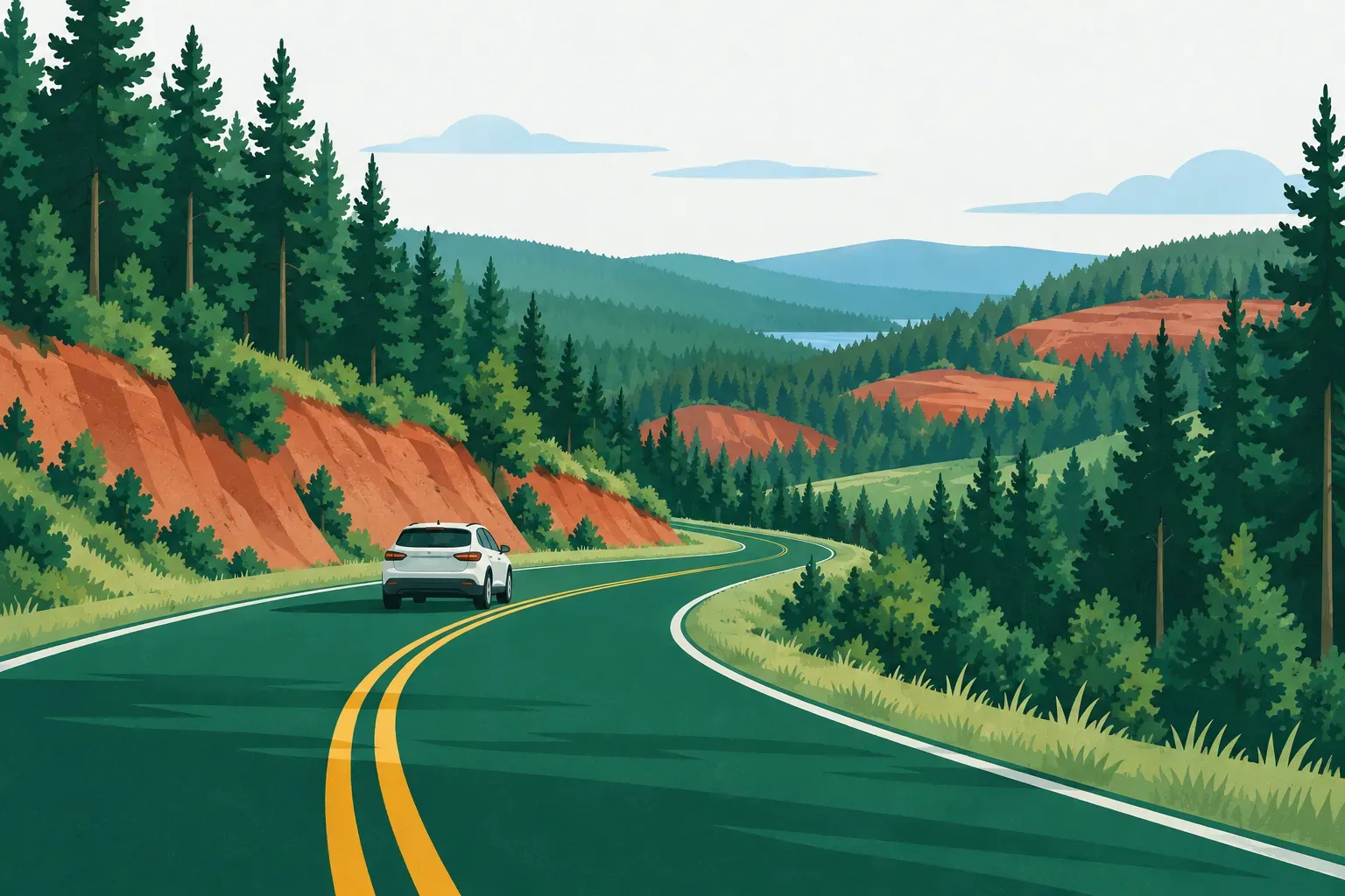 A highway through pine forests and red clay hills, a typical landscape of Alabama