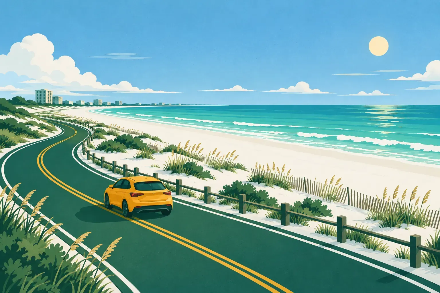 The white sand beaches and turquoise Gulf water of Gulf Shores, with a coastal road, in Alabama